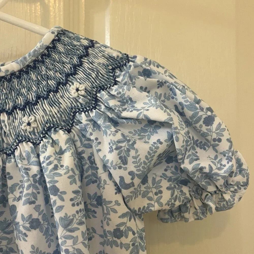 Sweet Dreams Blue Floral Birds Smocked Bubble Romper Girls Size 12 Months